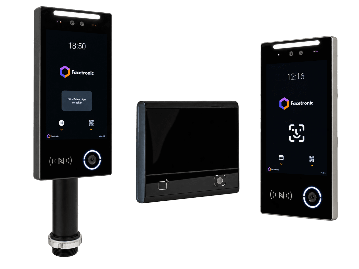 IDA Reader on a stand, a flat reader module for card and QR code, and the IDA Reader for wall mounting side by side